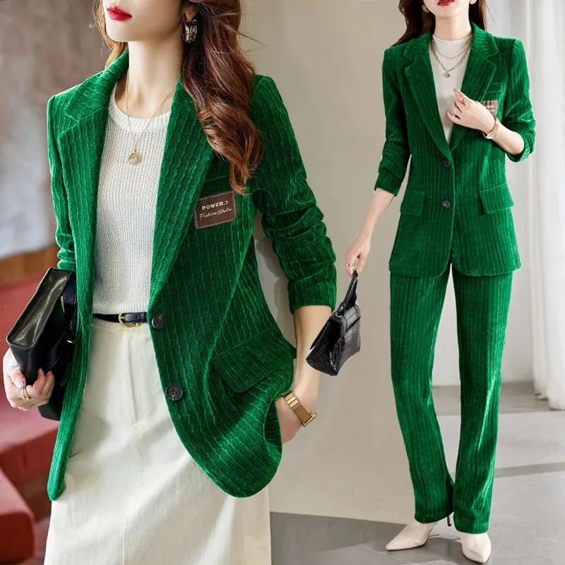 2022 Korean Spring and Autumn Women's Green, White and Black Business Suit Coat New Fashion, Casual, High end, Casual, Two piece