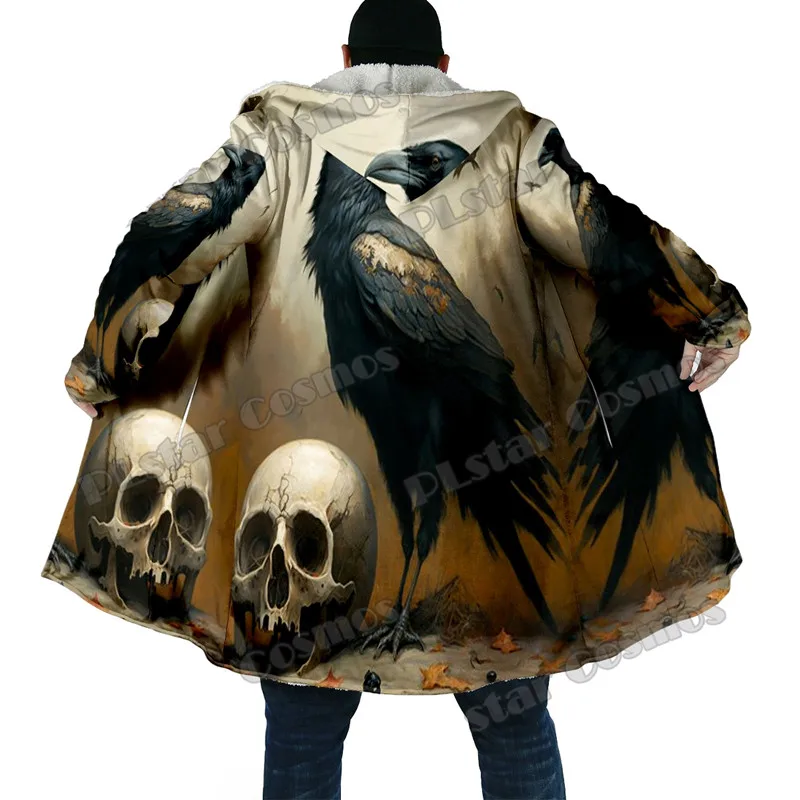 

Men's Winter Cloak Halloween Crow Skull Pattern 3D Printing Thick Wool Hooded Cloak Unisex Casual Warm Cloak Coat