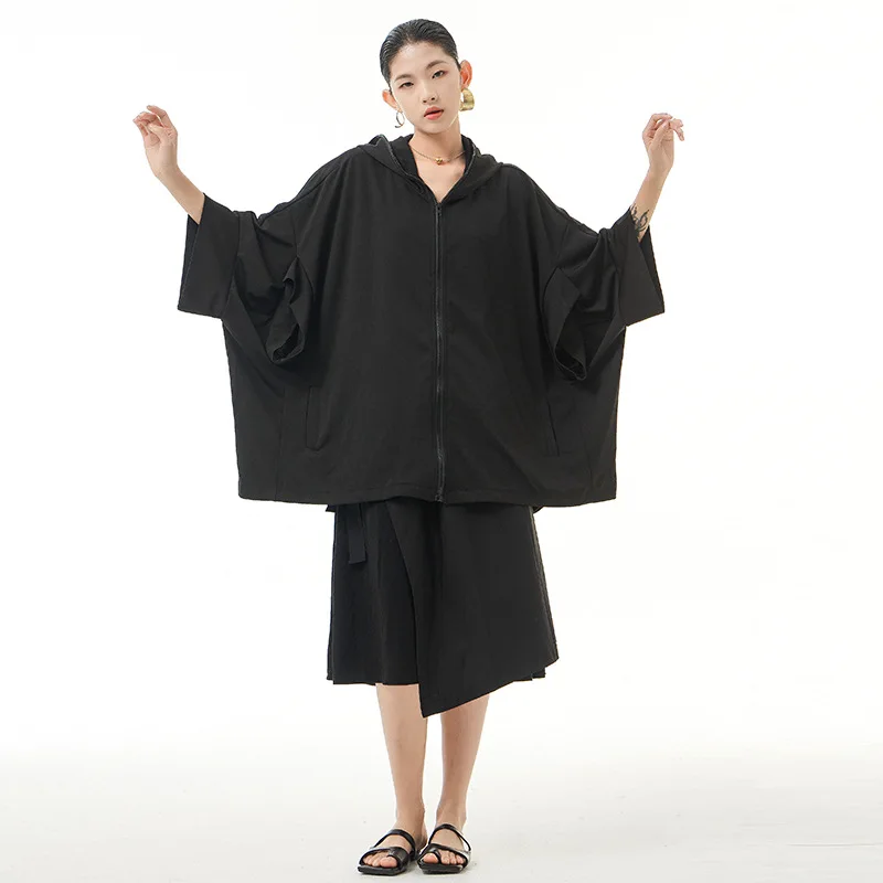 

SuperAen Hooded Jacket Women's Spring Summer 2022 Thin Loose Batwing Sleeve Solid Casual Coat