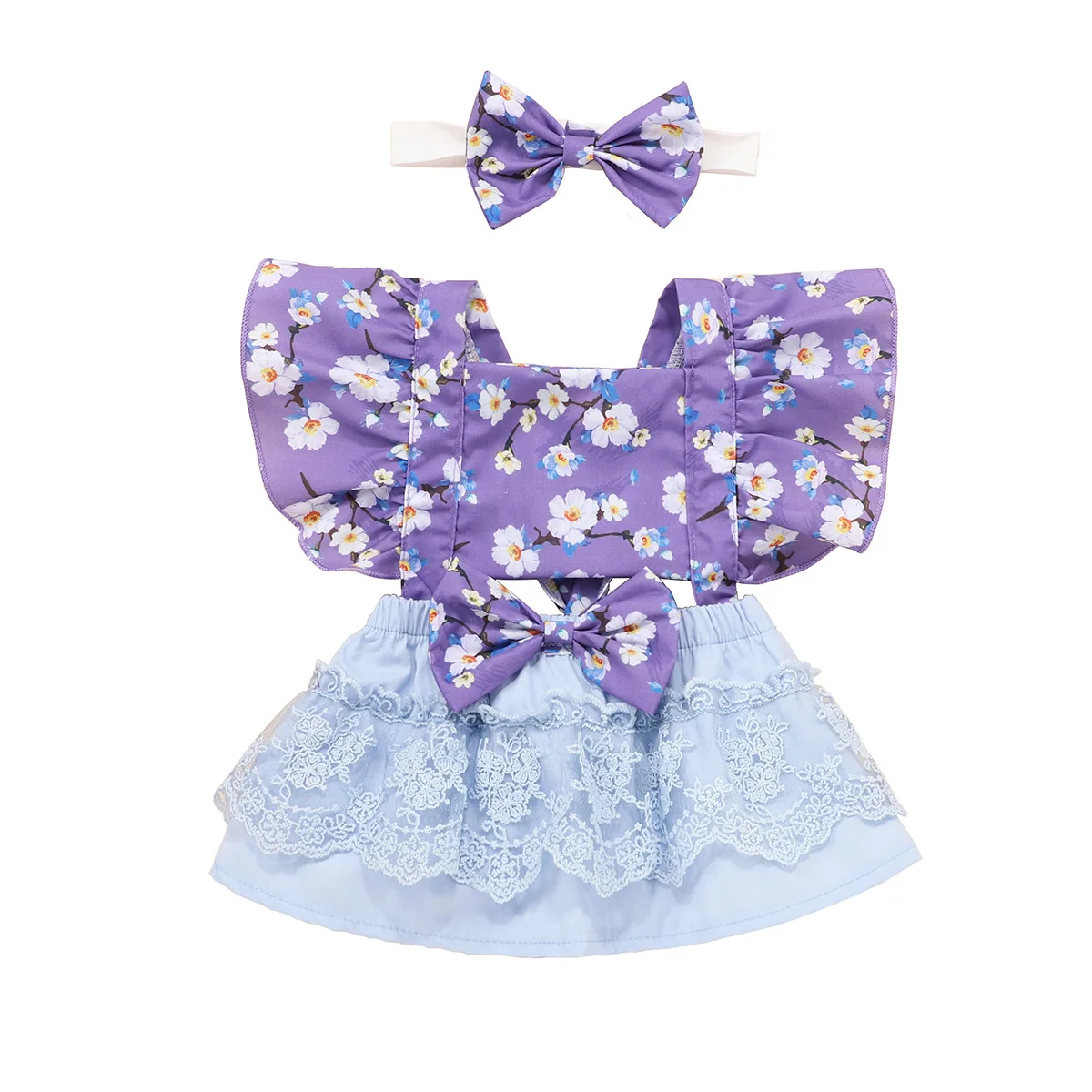 

0-24M Baby Girls Romper Dresses Summer Floral Tulle Princess Clothes Ruffle Strapless Jumpsuit and Headband 2pcs Costume Outfit
