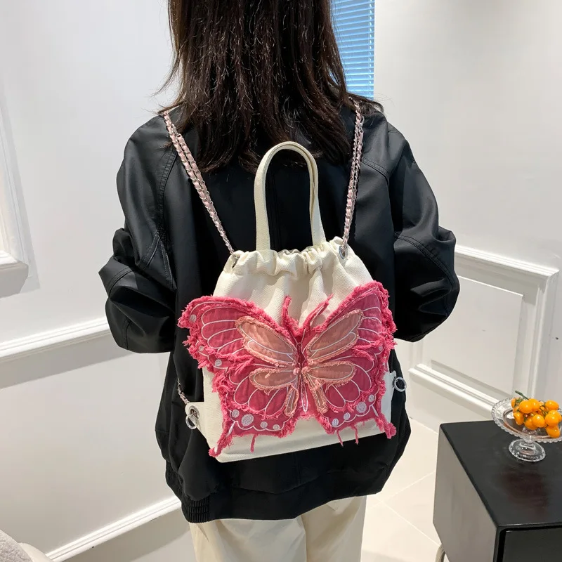 

Retro Cowboy Shoulder Bag Denim Women Backpack New Ladies Chic Design Butterfly Chain Design Handbag Female Canvas Tote Bag