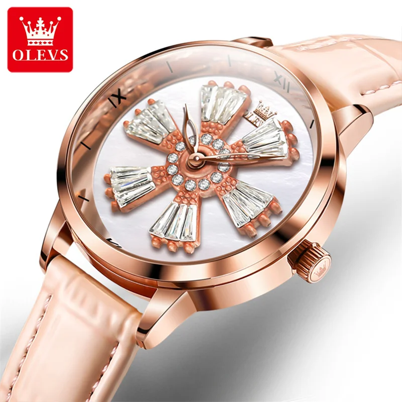OLEVS Luxury Quartz Watch for Women Fashion New Design Rotating Dial Pink Leather Ladies Watches Waterproof Relogio Feminino