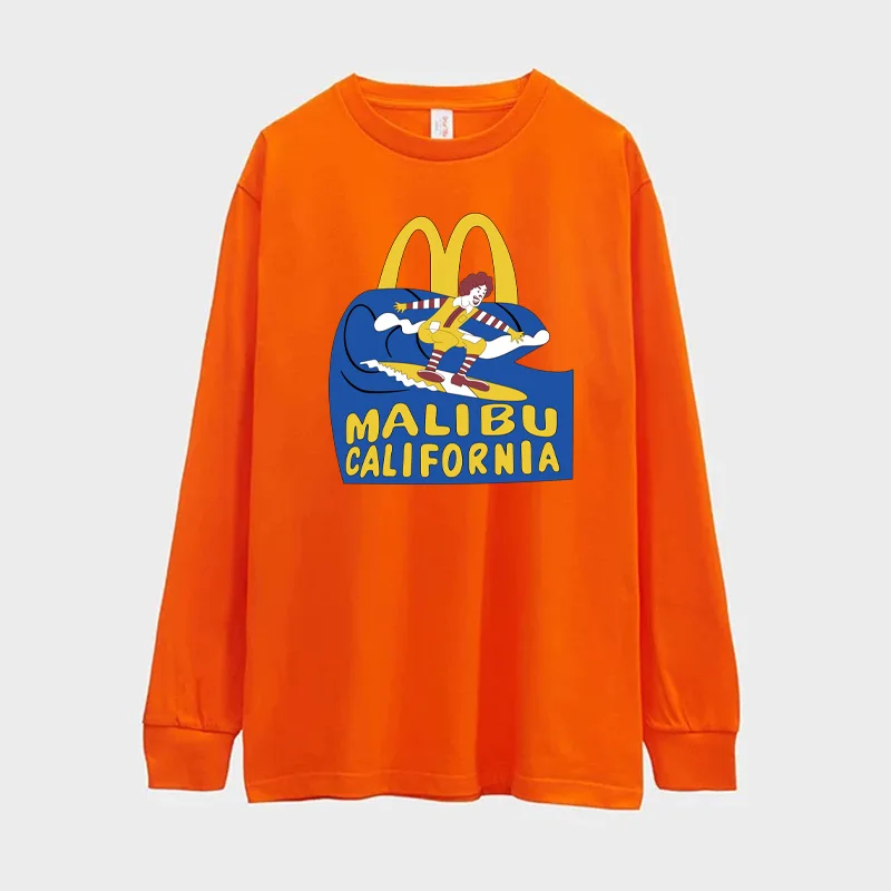 

2022 Autumn Funny Malibu Surf Cartoon Printing Graphic Tees Long Sleeve Loose Cotton Unisex T Shirts Loose Crewneck Casual Shirt