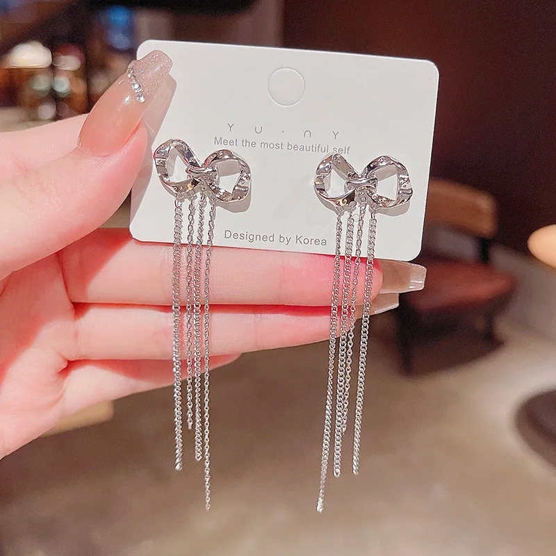 

Wholesale Sterling Silvers Pin Post Long Fringe Earrings Female Women Bow Stud Earrings Fashion Jewelry Gift