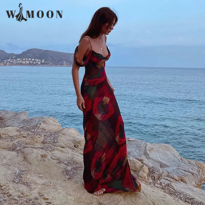 

Spaghetti Strap Print Sleeveless Chiffon Straight Shoulder Dress Summer Fashion Suspender Colourful Casual Holiday Maxi Dress