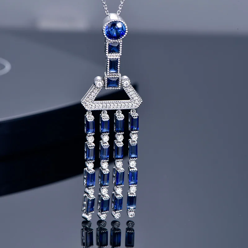 

DIWENFU Women's Long Fringed Necklace with Sapphire Pendant TRENDY Genuine 925 Sterling Silver Blue Sapphire Gemstone Jewelry