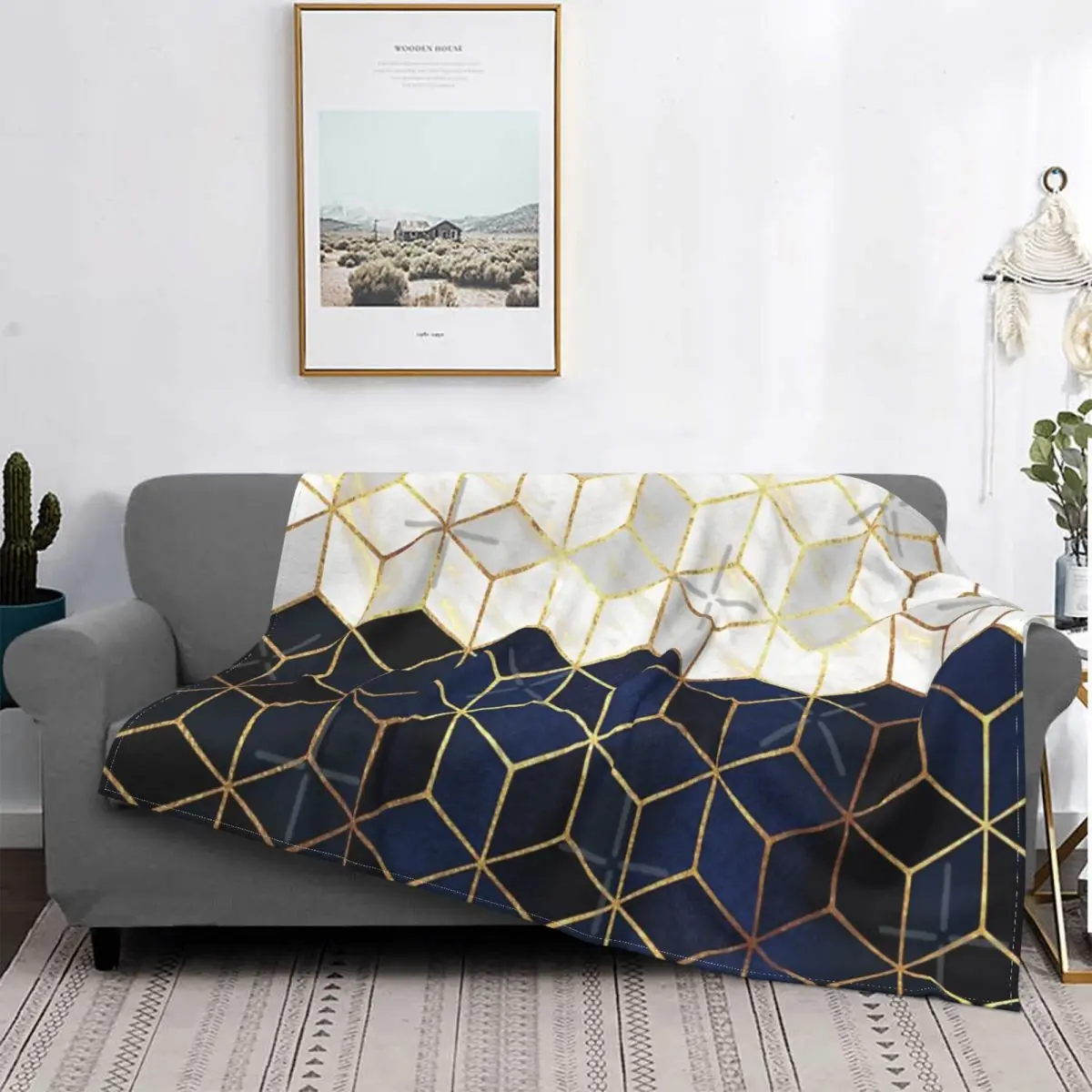 

Manta con patrón de cubos de mármol blanco y azul marino, a cuadros para cama colcha, manta de felpa de Anime, colchas de verano