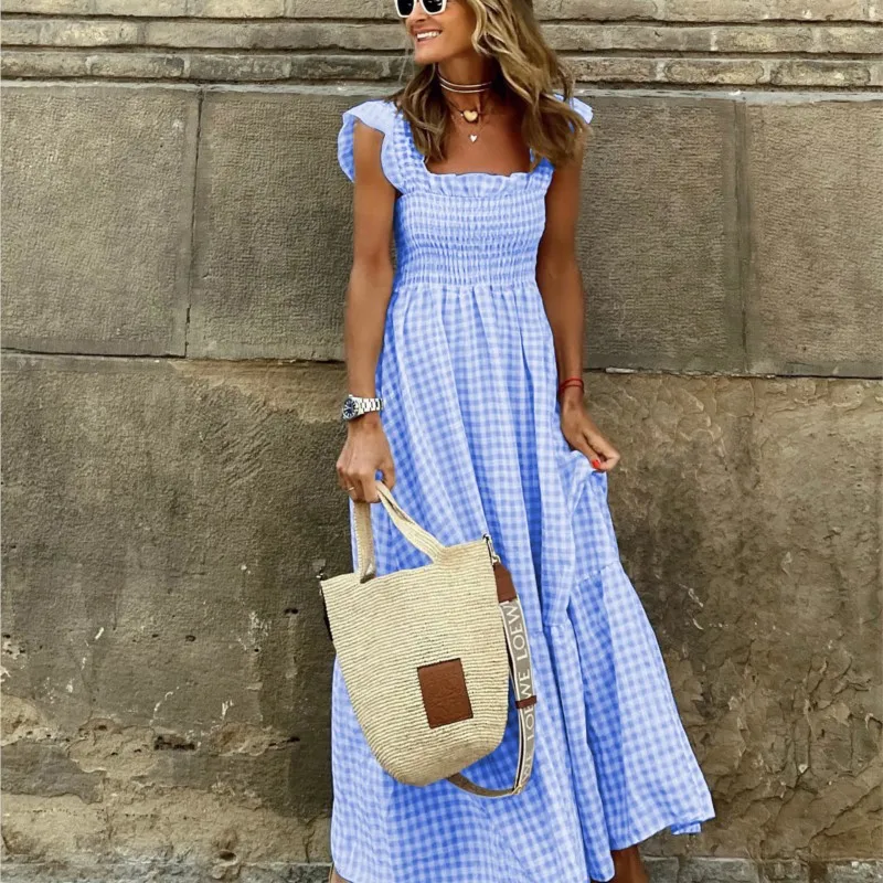 

Casual Summer Checker Women's Loose Strap Dress Maxi Vestido Elegante Mujer Abiti Eleganti Donna Da Cerimonia Sexy Robe Femme