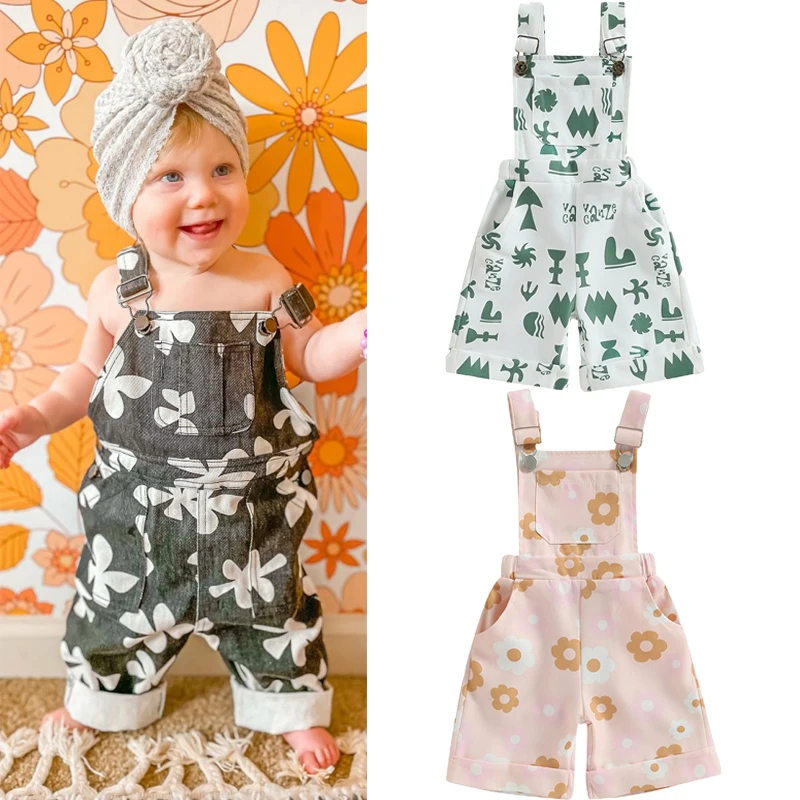 

Toddler Kids Girls Jumpsuits Geometric/Flowers Printed Sleeveless Backless Playsuits Shorts