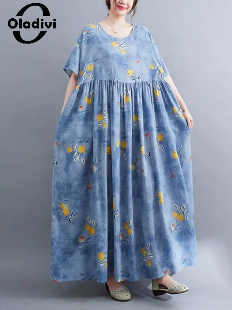 

Oladivi Large Size Women Clothing Fashion Printed Casual Loose Dress 2022 Summer New Vintage Ladies Oversized Long Dresses 9166