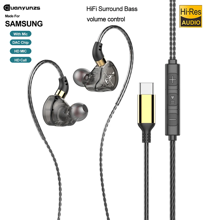 Фото Проводные наушники Type-C, HiFi, стерео, с глубокими басами, USB-C, 3,5 мм, внутриканальные, с микрофоном, спортивные, с сабвуфером, музыкальная гарнитура для Samsung №1