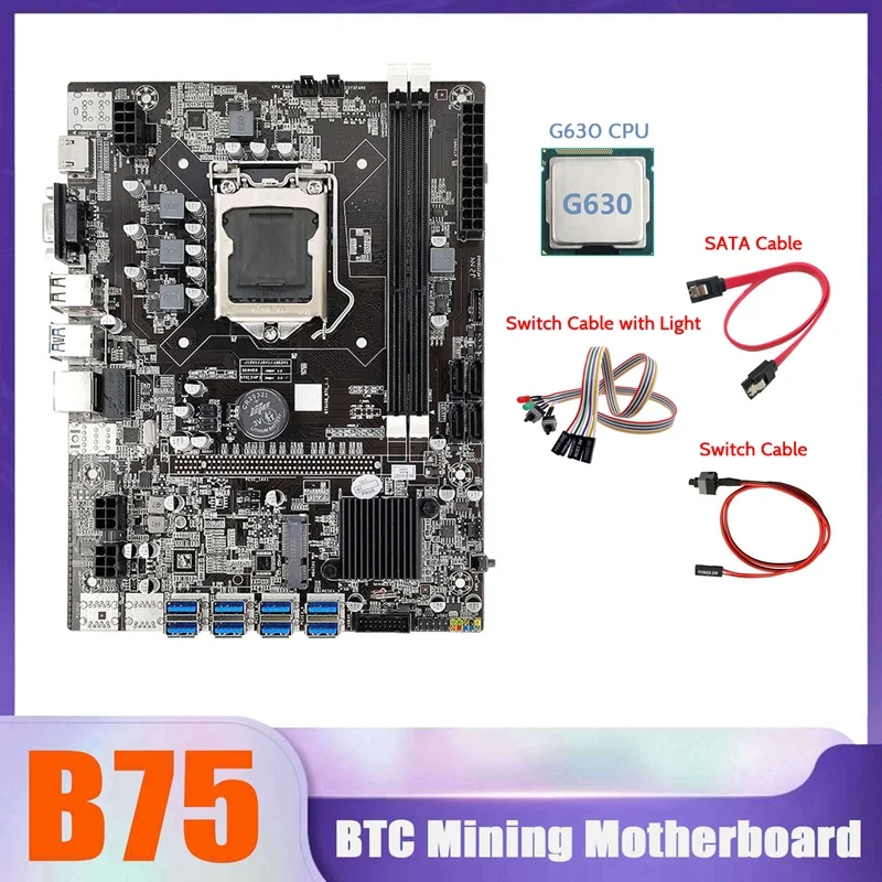 B75 BTC Mining Motherboard 8XUSB LGA1155 Motherboard With G630 CPU+SATA Cable+Switch Cable+Switch Cable With Light