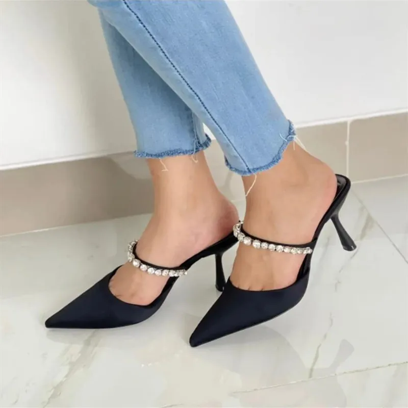 

Women Elegant Sparkly Sandals 2022 Black Rhinestones Heeled Mules Pump Summer Slippers Woman Sexy High Heels Slingbacks Shoes