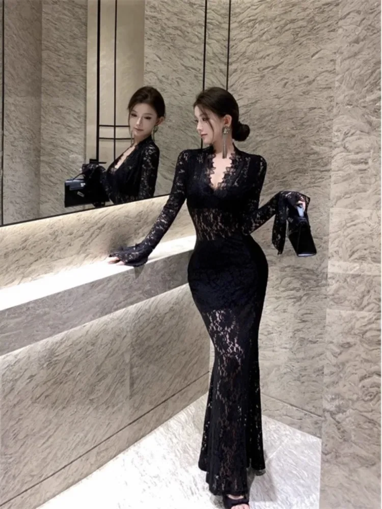 Ezgaga элегантные платья женские сексуальные с v-образным вырезом кружевные