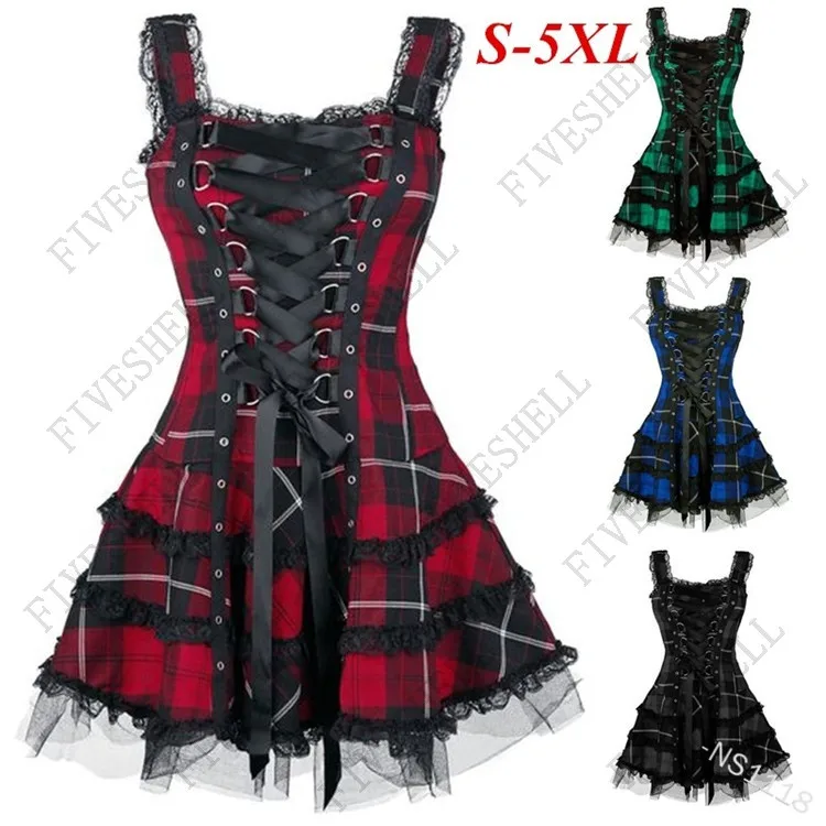 

2023 Medieval Cosplay Costume Fashion Dress Women Classic Frill Lace Dresses Sleeveless Plaid Vintage Gothic Mini Dresses