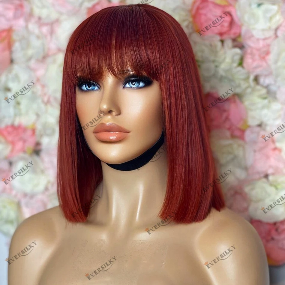 

Шелковистые прямые короткие волосы боб бордовые человеческие волосы кружевные передние парики для женщин с челкой 180 плотность 13x 6 кружевн...