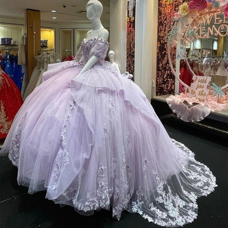 

Блестящие Бальные платья ANGELSBRIDEP, платья для Quinceanera, 3D цветы, пышные рукава, искусственная кожа, официальное платье для выпускного вечера, дня...