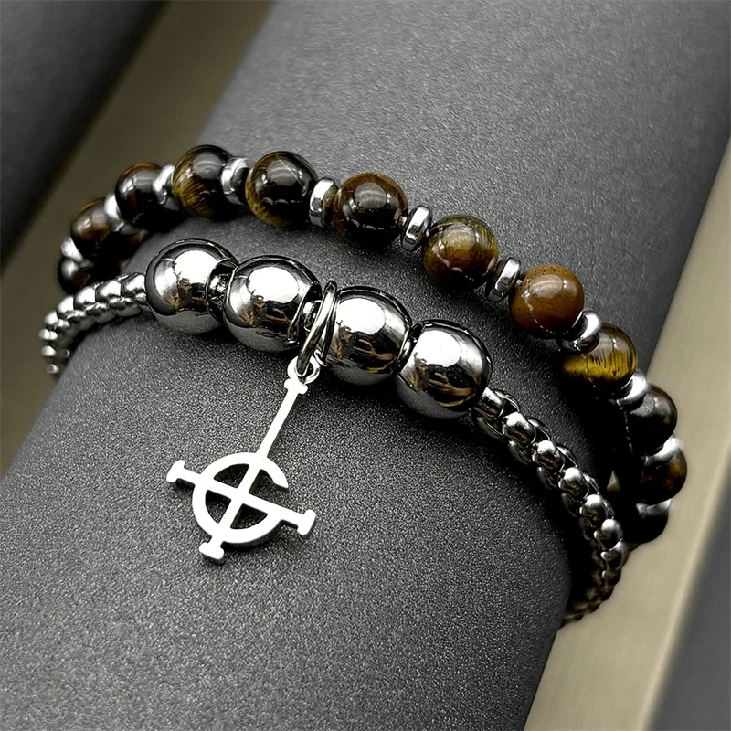 Фото Браслет-цепочка Ghost BC Nameless Cross из нержавеющей стали золотого цвета с тигровым глазом для женщин и мужчин, ювелирное украшение №1