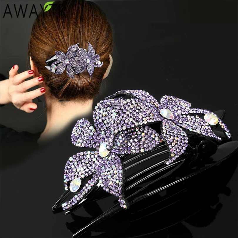 

Elegant Crystal Double Flower Hair Claw Hair Grab Duckbill Clip For Women Headdress Hair Accessories Rhinestone Hairpin Headwear