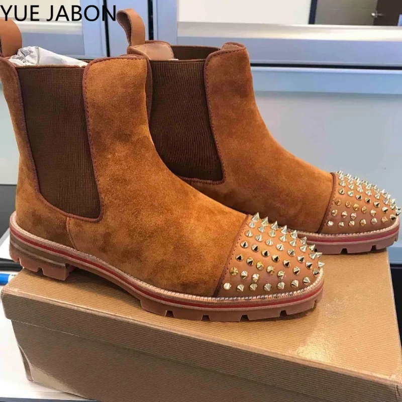 Черные новые ботинки челси мужская обувь с заклепками коричневые модные из флока