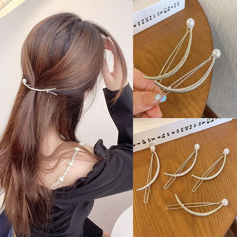 

Girls Women Hair Accessories New Elegant Geometric Metal Hair Clip Arc Pearl Barrette Ponytail Hairpin Headband Barrettes