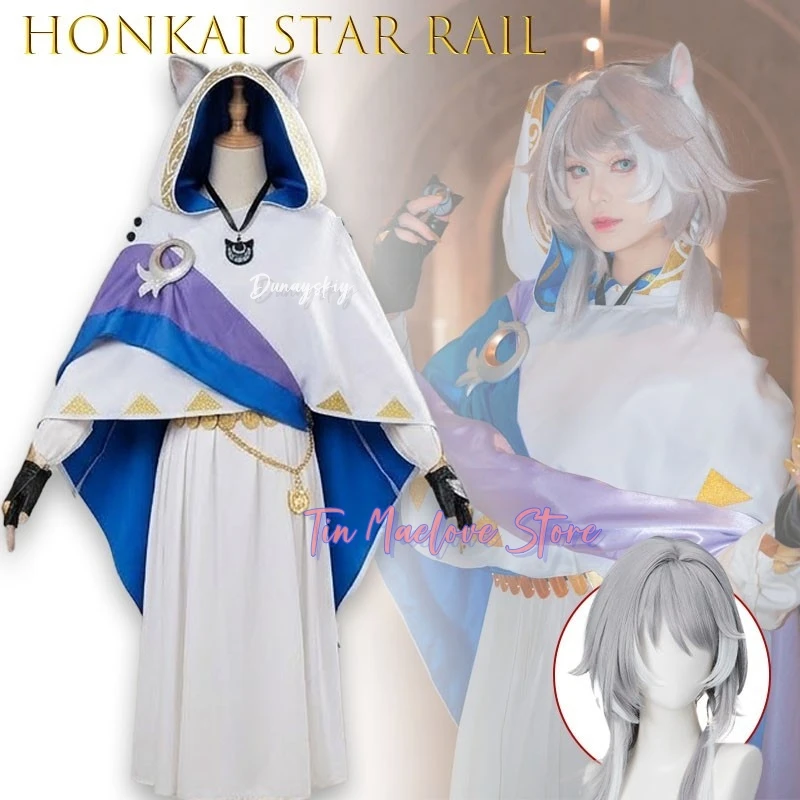 Фото Костюм для косплея Cipher Cifera из аниме-игры Honkai Star Rail, образ священника, с капюшоном с кошачьими ушками и синими акцентами, на Хэллоуин №2