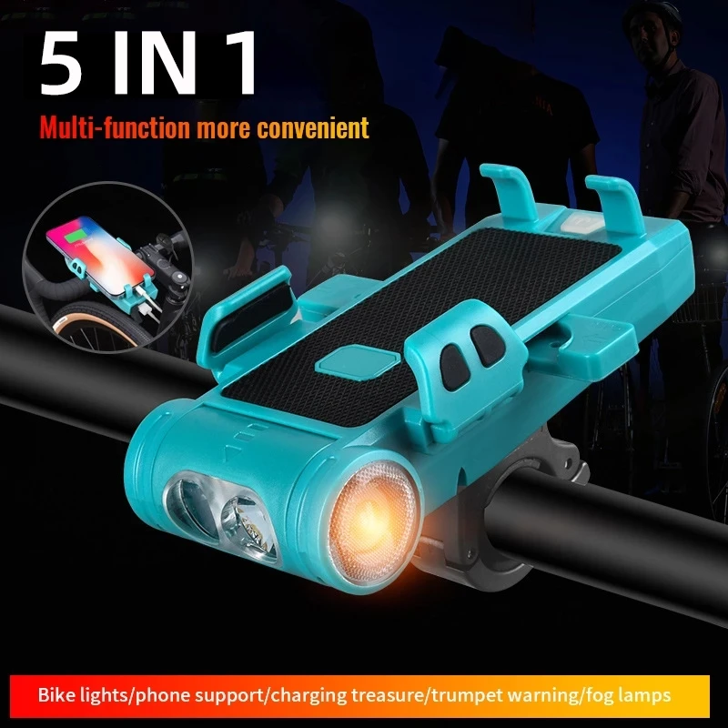 

5 In 1 Waterproof Bike Lights USB Charging Bicycle Front Light + Phone Holder + Horn + Power Bank + Fog Lamp Cycling Accessories