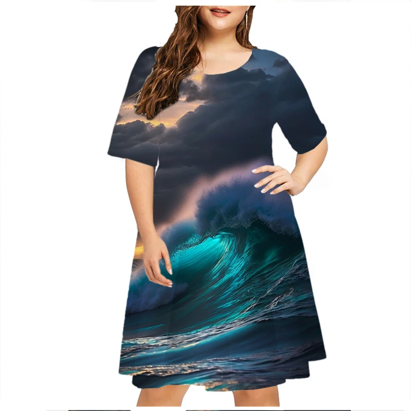 Женское платье с принтом молнии коротким рукавом и круглым вырезом