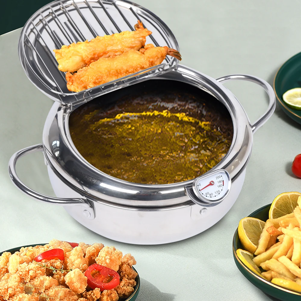 

2.2L Deep Fryer Pot Fish Chicken Shrimp Deep Frying Pan W/ Thermometer & Lid