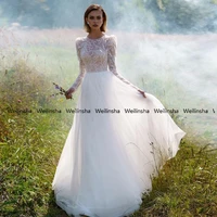 weilinsha o neck beading light wedding dresses soft tulle sequined full sleeve court train white bridal gowns 2022 robe de mari%c3%a9