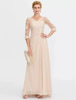 mother of the bride dresses elegant v neck floor length chiffon illusion sheer lace half sleeve appliques vestidos de noche 2022
