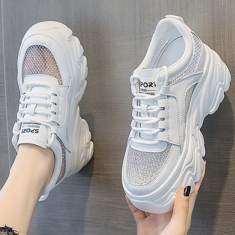 9cm Genuine Leather Women Sneakers Air Mesh Breathable Casual Sandals Hollow Platform Wedge Chunky 2023 Lace Up Summer Shoes