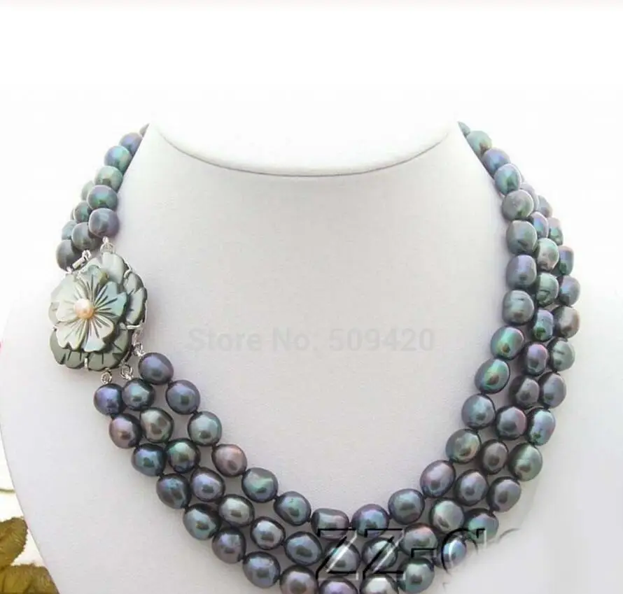 

3Strds Black Baroque Pearl Necklace-Cameo Flower Clasp