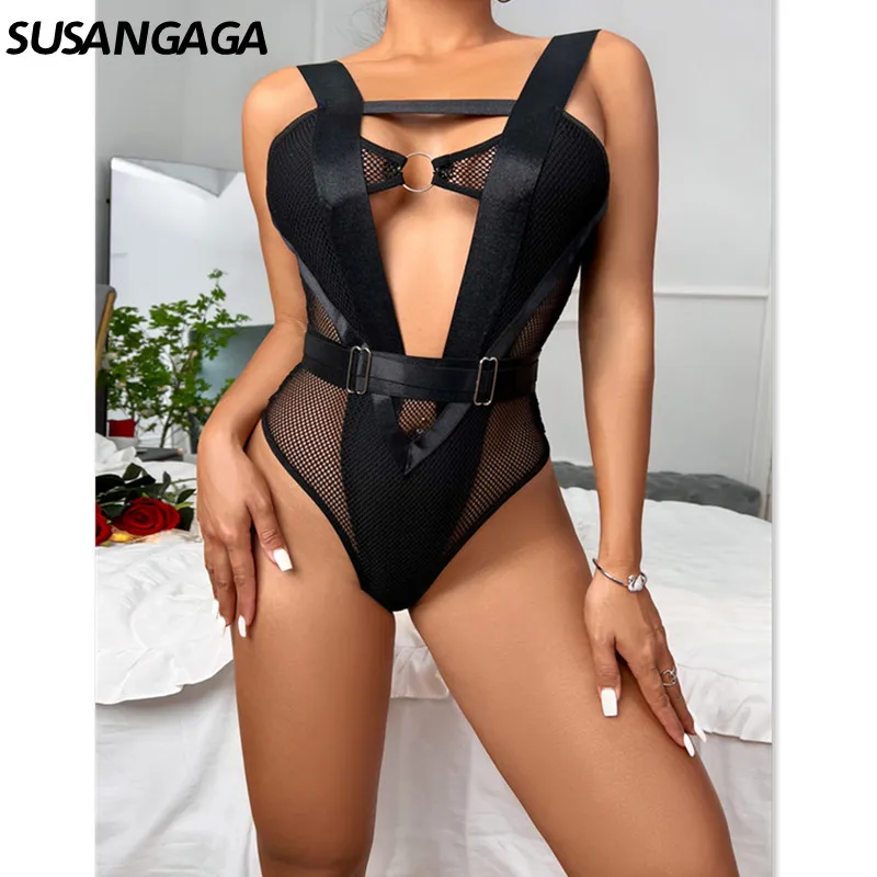 

SUSANGAGA Erotic Mesh Bodysuit Women Deep-V Sexy Lingerie Ring Linked Body Sissy Patchwork Tight Bitch Clothes Exotic Costumes
