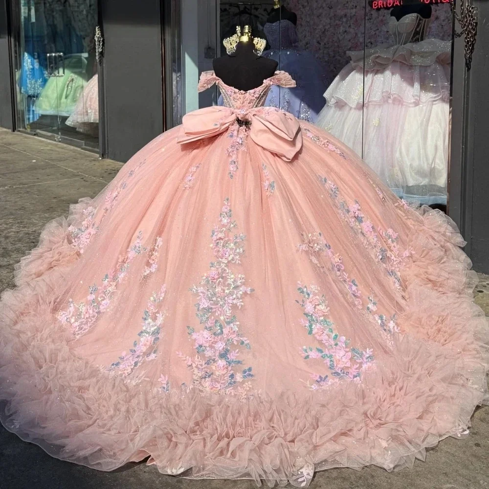 Фото Румяно-розовые платья Quinceanera, бальное платье с открытыми плечами, расшитое бисером и цветочным принтом, Sweet 16, 15 лет, по индивидуальному заказу №2