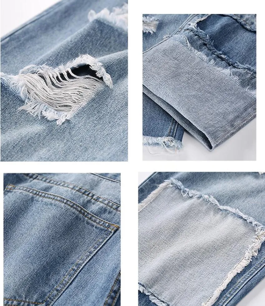 Japanese Loose Casual Straight Jeans Men's Broken Patchwork Beggar Trousers Hip Hop Moto Biker Fashion Vintage Denim Pants