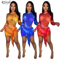 rstylish tie dye print mesh two piece set women 2022 spring summer outfits long sleeve bodysuit toplace up mini skirt suits