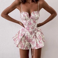 sexy v neck floral print pleated summer strap jumpsuits women 2022 sweet bodycon sleeveless with belt ruffle female playsuit