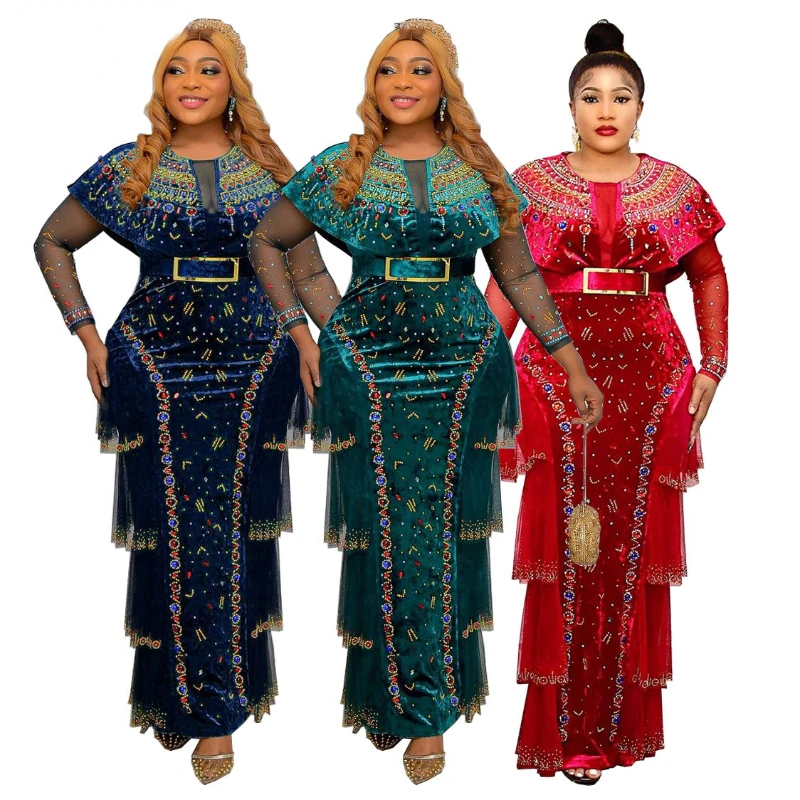 

Long Velvet Bodycon Dress African Maxi Dresses For Women 2022 Ankara Clothes Wedding Party Robe Femme Africa Clothing Plus Size