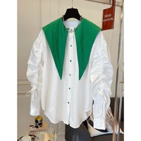 2022 spring new large pointed collar design sense niche loose casual white stitching shirt womens long sleeves