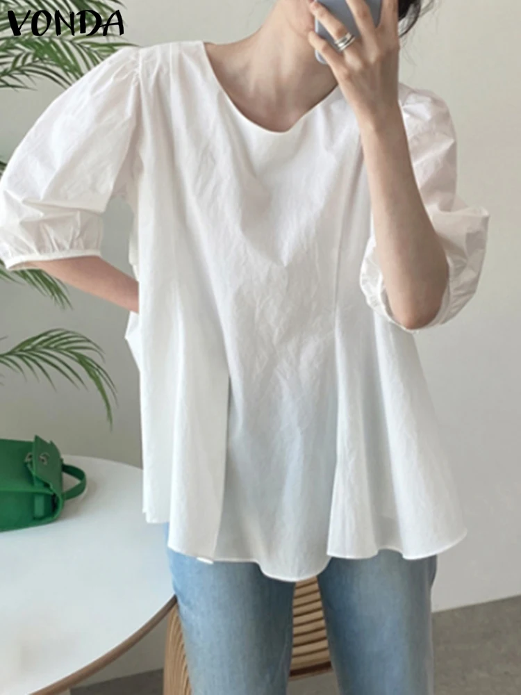 

VONDA Elegant Shirts Women Blouse 2022 3/4 Sleeve Crew Neck Pleated Blouse Tops Casual Baggy Solid Color Blusas Femininas