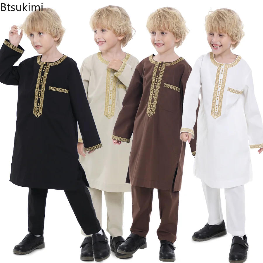 New Muslim Kids Boys Jubba Thobe Set 2 Piece Robe Arab Islamic Middle Eastern Teen Long Sleeve Robes Muslim Fashion Ensembles