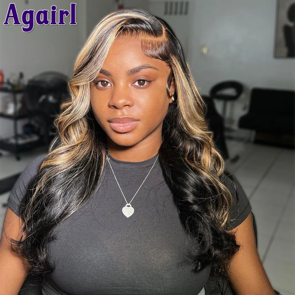 

Honey Blonde with Black Highlight 13X6 Human Hair Body Wave Wigs Glueless 13X4 Wavy Lace Frontal Wig 5x5 Closure Wigs For Women