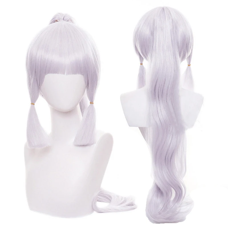 

70cm Game Genshin Impact Project Kamisato Ayaka Cosplay Wig Anime Long Silver Heat Resistant Hair Ponytail Wigs + Wig Cap