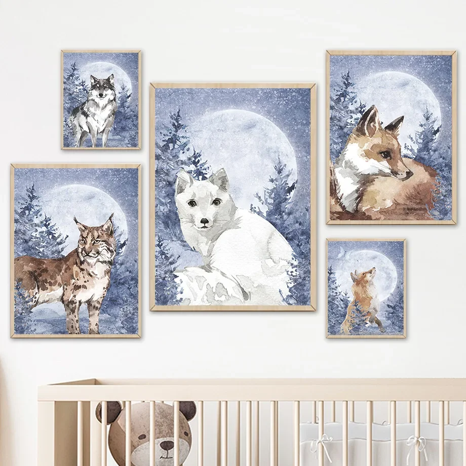 Акварель дикий лес животное полная луна волк лиса Лев искусство холст живопись