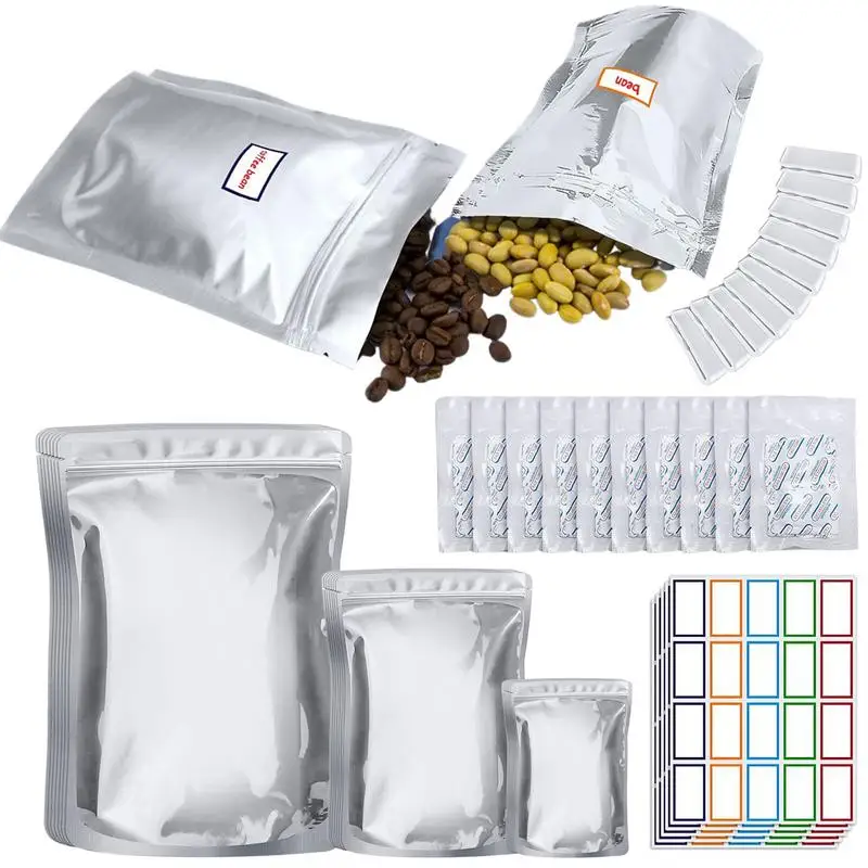 

Food Storage Packaging Bags Mylar Bags For Food Storage With Oxygen Absorbers 100x400CC And Labels 3 Layers Thicken Reusable