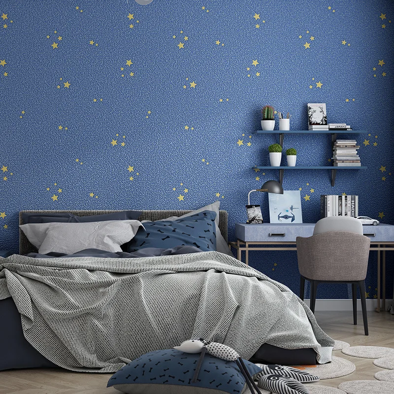 

Mediterranean Blue Star Children's Room Wallpaper Boy Nordic Children's Girl Bedroom Osron 3D Star Wallpaper.
