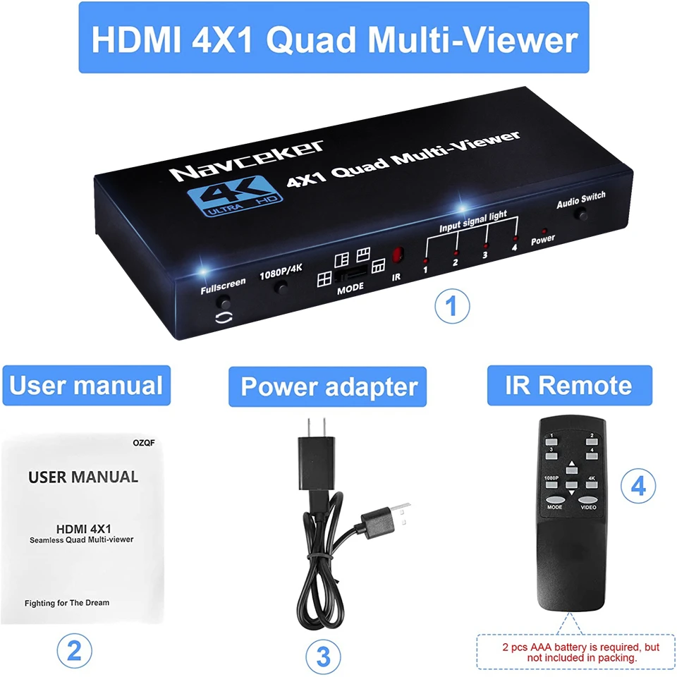 Navceker KVM HDMI-совместимый мультипросмотр 4K 4 в 1 Выход 1080P четырехэкранный HDMI