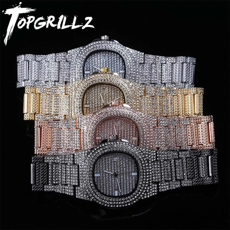 TOPGRILLZ Brand Iced Watch Quartz Gold Color HIP HOP Watches With Micropave CZ Stainless Steel Watch Clock relogio2023
