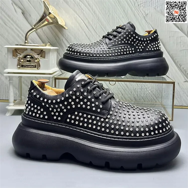 Мужские повседневные кожаные туфли со стразами и круглым носком на платформе с
